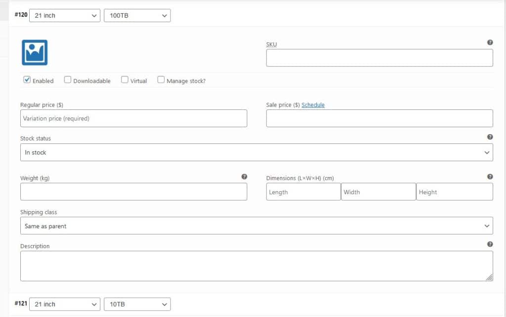 Variable product details form