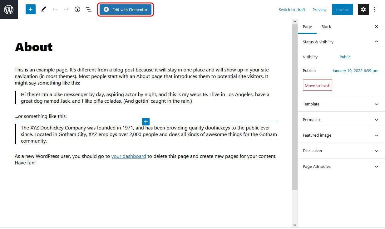 edit with elementor button in blocks view