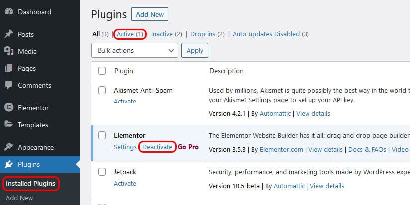 Deactivate link on plugins page