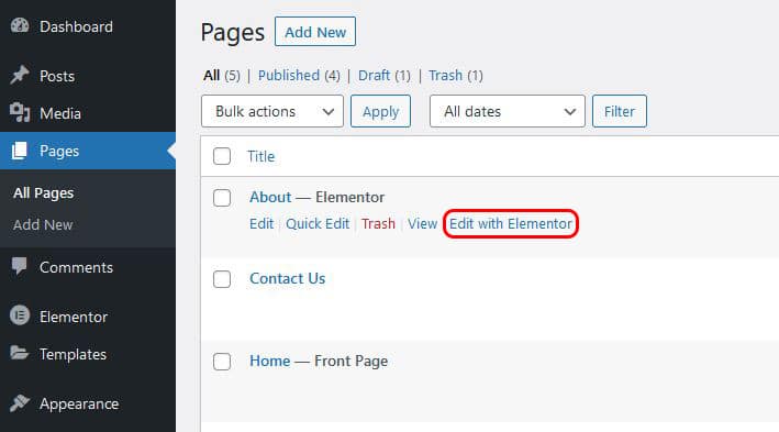 edit with elementor from page list