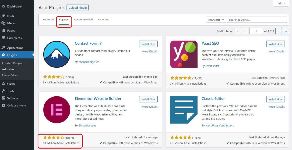 elementor in popular plugins