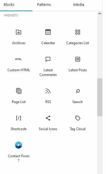 contact form 7 widget in blocks page editor