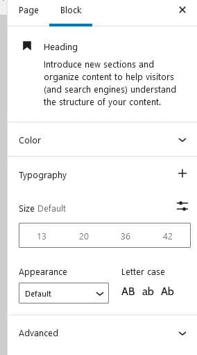 heading block options in right sidebar