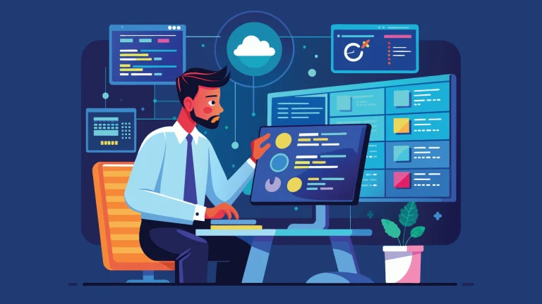 illustration of a man working on multiple computer screens