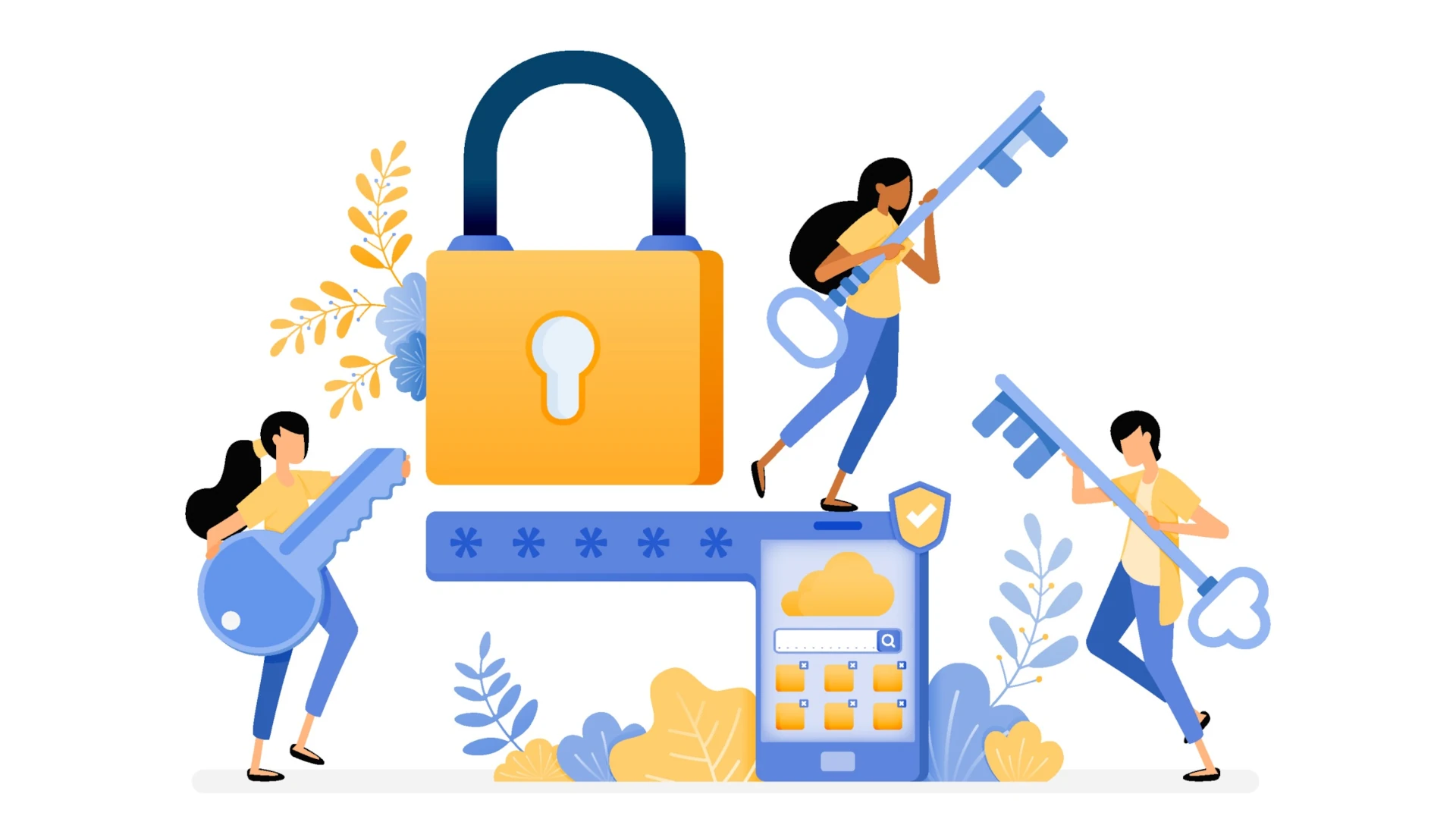 Illustration of people with keys around a padlock depicting cybersecurity